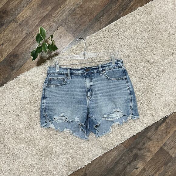 Aerie Size Medium Distressed Mid Rise Elastic Waist Denim Shorts - Picture 1 of 4